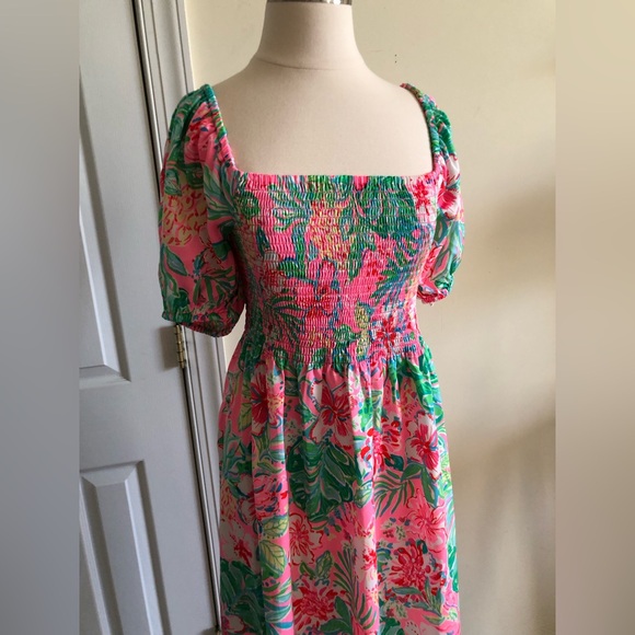 Lilly Pulitzer NWT Smocked Midi short sleeves dress pink green size M - Picture 3 of 9